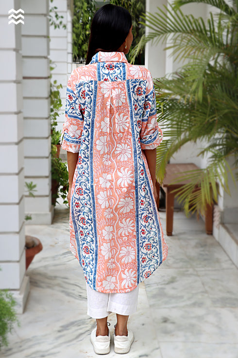 Mul Mul Cotton Long Boyfriend Shirt in Block Print