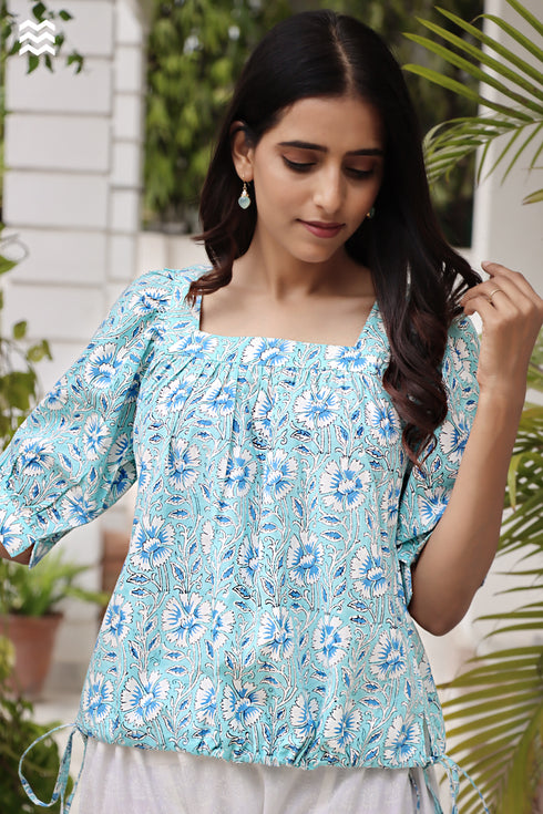 Cambric Cotton Short Top in Block Print