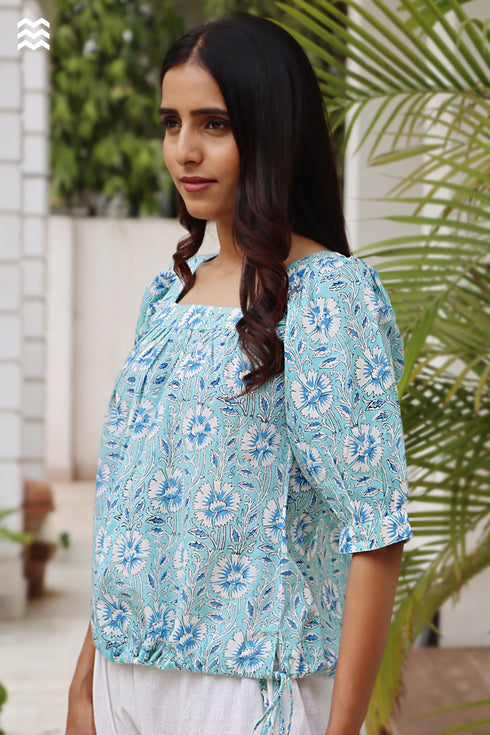 Cambric Cotton Short Top in Block Print