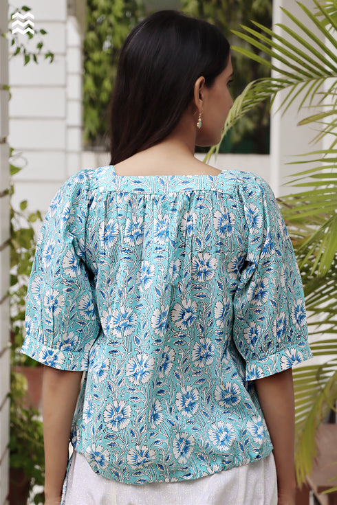 Cambric Cotton Short Top in Block Print