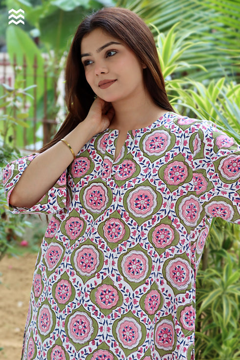 Cambric Cotton Co-Ord Set In Floral Block Print