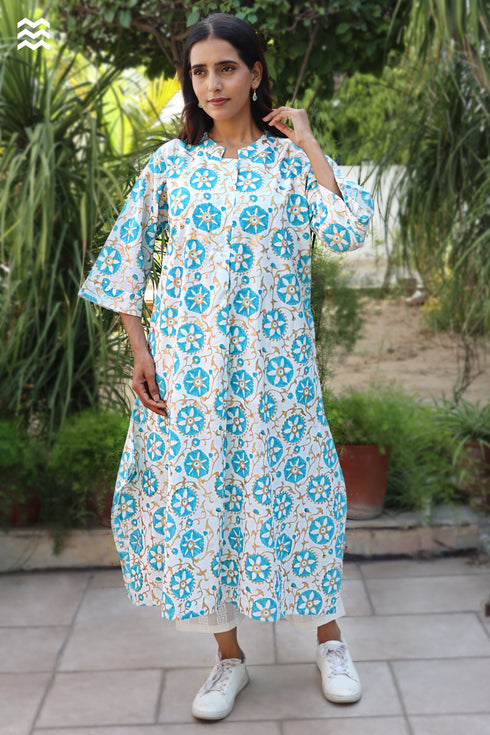 Slub Cotton Long Top in Floral Block Print