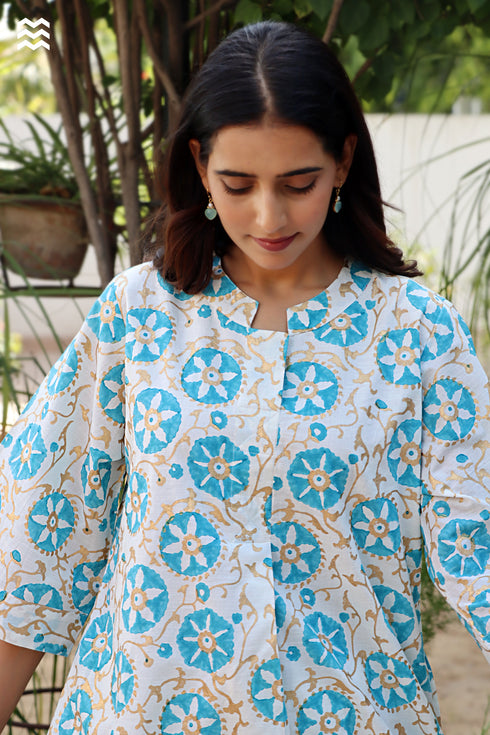 Slub Cotton Long Top in Floral Block Print