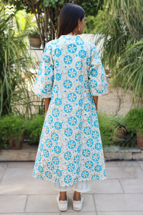 Slub Cotton Long Top in Floral Block Print