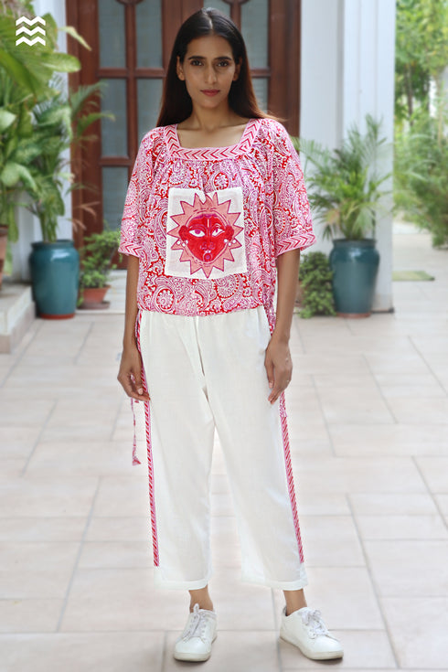 MulMul Cotton White & Red LINY Top in Block Print