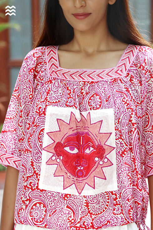 MulMul Cotton White & Red LINY Top in Block Print