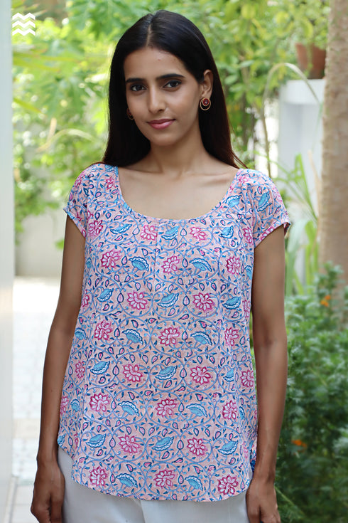 MulMul Cotton Pink Gopi Top in Block Print