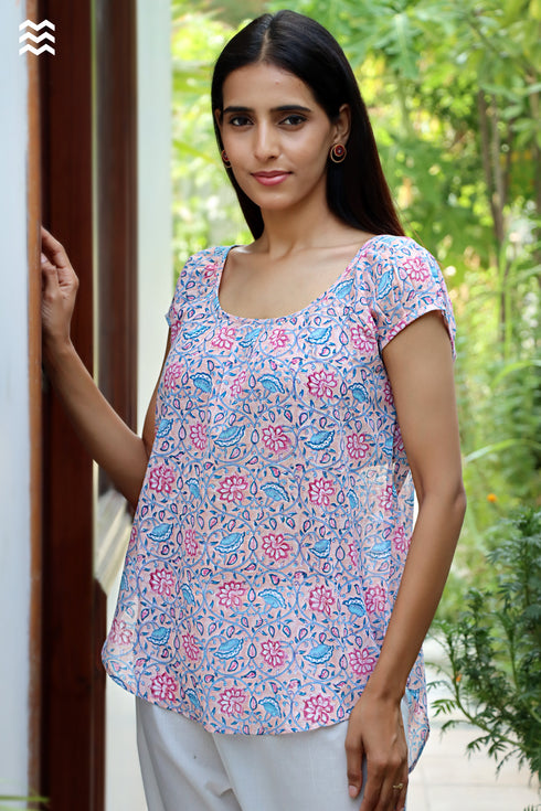 MulMul Cotton Pink Gopi Top in Block Print