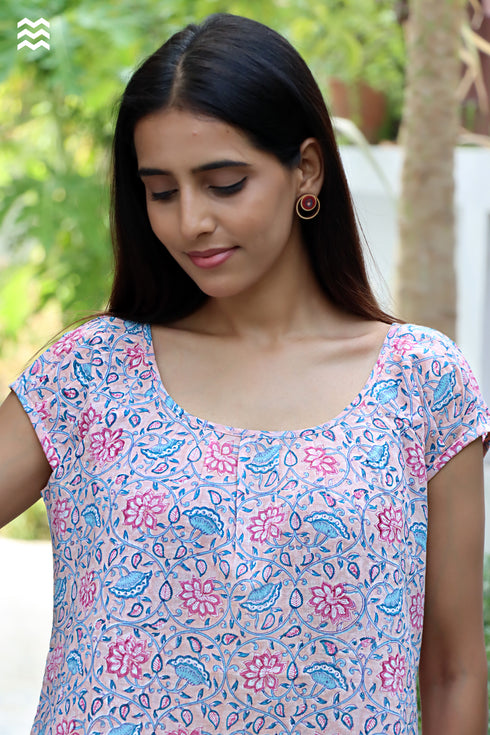 MulMul Cotton Pink Gopi Top in Block Print
