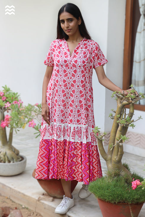 MulMul Cotton Watermelon Red MIRANDA Dress in Block Print