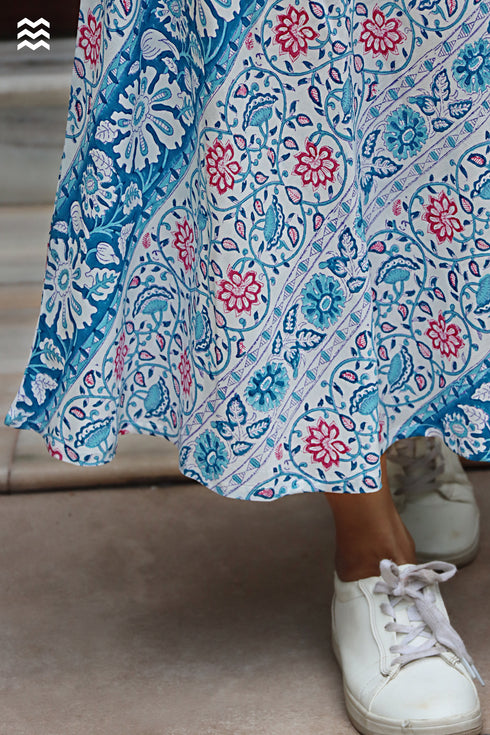 Rayon White & Teal Bias Skirt in Block Print