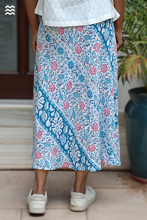 Rayon White & Teal Bias Skirt in Block Print