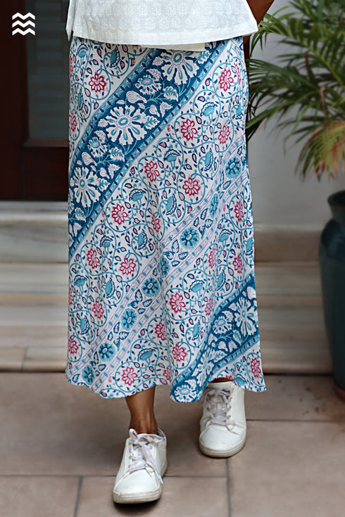 Rayon White & Teal Bias Skirt in Block Print