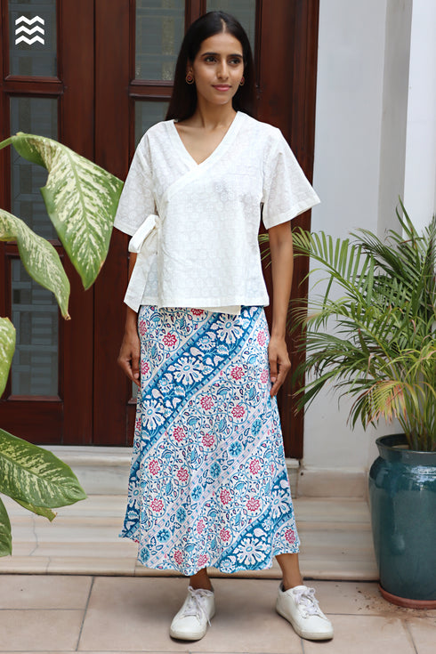 Rayon White & Teal Bias Skirt in Block Print