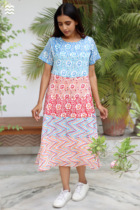 Mul Mul Cotton Dress in Block Print