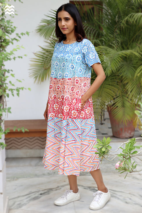 Mul Mul Cotton Dress in Block Print