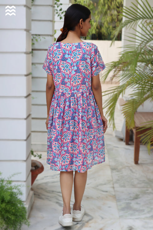 MulMul Cotton Pink BABY DOLL Dress in Block Print