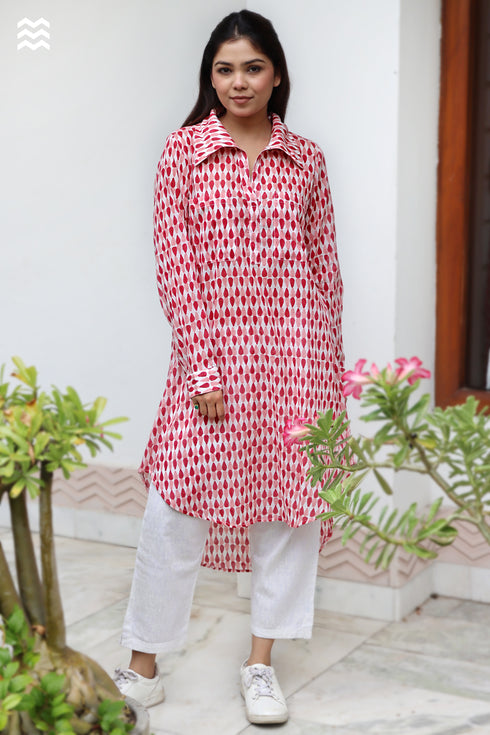 Mul Mul Cotton Long Boyfriend Shirt in Block Print