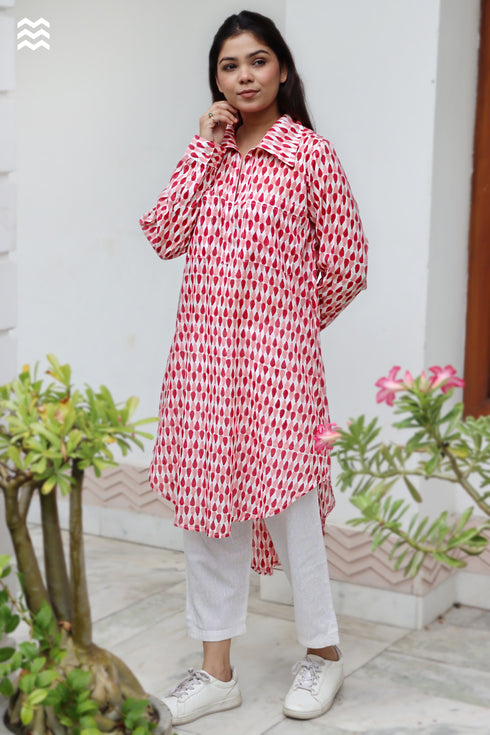 Mul Mul Cotton Long Boyfriend Shirt in Block Print