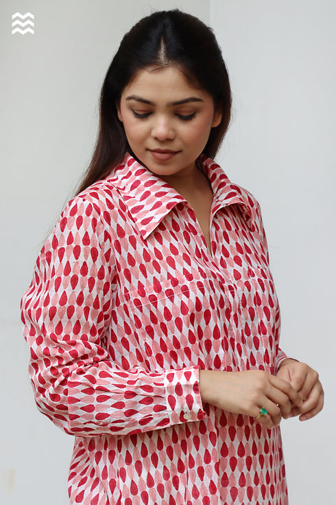Mul Mul Cotton Long Boyfriend Shirt in Block Print
