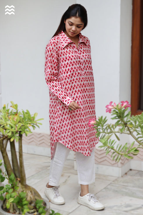 Mul Mul Cotton Long Boyfriend Shirt in Block Print