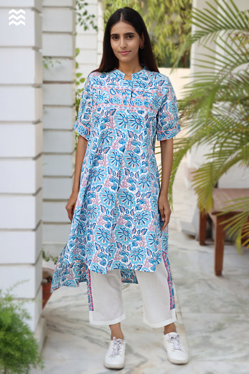 Slub Cotton Nehru Flare Top in Block Print