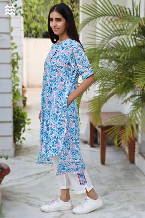 Slub Cotton Nehru Flare Top in Block Print