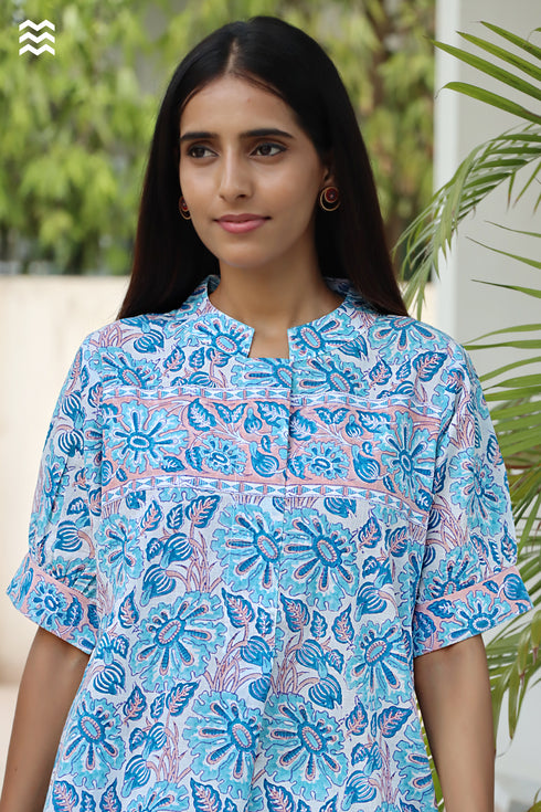 Slub Cotton Nehru Flare Top in Block Print