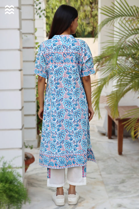 Slub Cotton Nehru Flare Top in Block Print