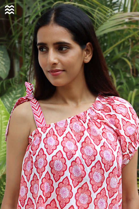 MulMul Cotton White & Candy Pink Maxwell Top in Block Print