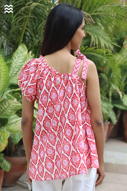 MulMul Cotton White & Candy Pink Maxwell Top in Block Print