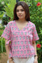 Cambric Cotton Pink Short Wrap Top in Floral Block Print