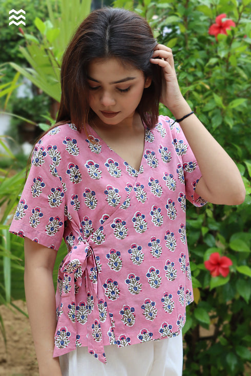 Cambric Cotton Pink Short Wrap Top in Floral Block Print