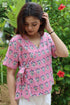 Cambric Cotton Pink Short Wrap Top in Floral Block Print