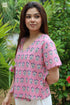 Cambric Cotton Pink Short Wrap Top in Floral Block Print