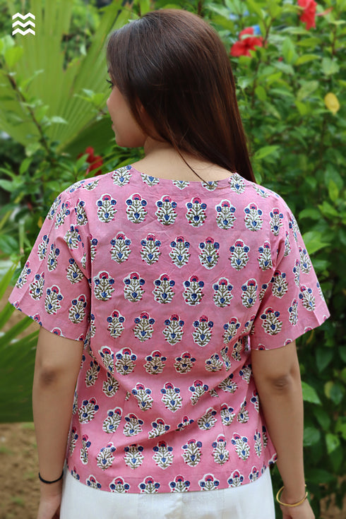 Cambric Cotton Pink Short Wrap Top in Floral Block Print