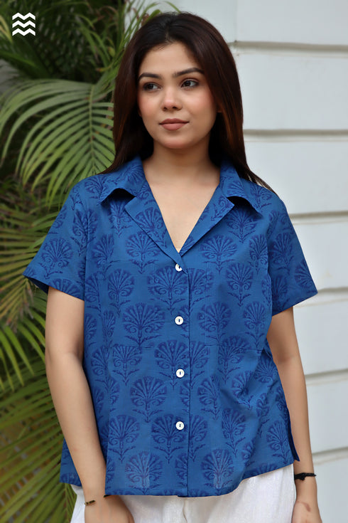 Slub Cotton Cobalt Blue Hand Block Printed Top