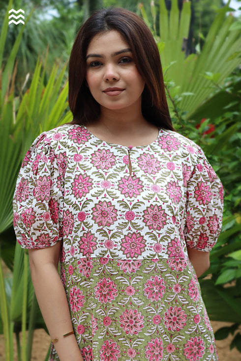 Mul Mul Cotton Prairie Dress in Floral Block Print