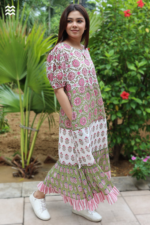 Mul Mul Cotton Prairie Dress in Floral Block Print