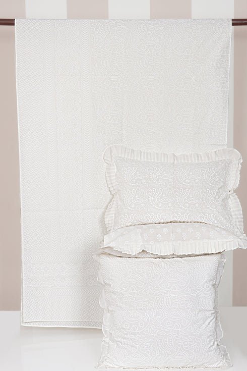 20s Cotton KING SIZE Bed Cover In Ivory White Block Print
