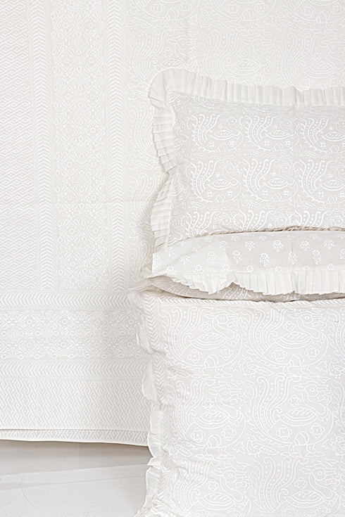 20s Cotton KING SIZE Bed Cover In Ivory White Block Print