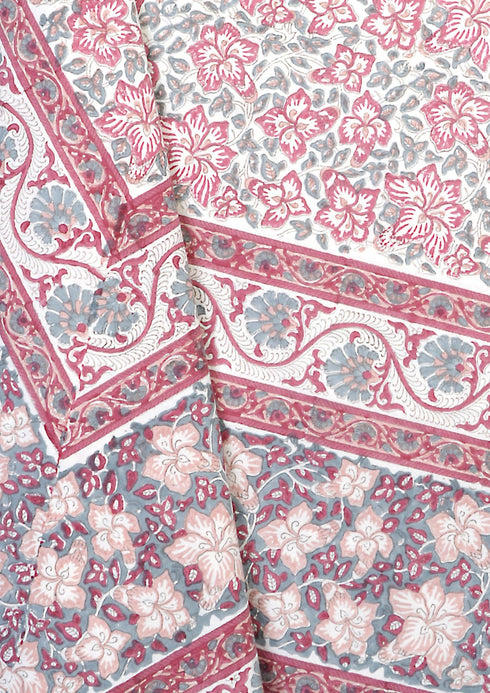 20s Cotton Bed Cover In Carnelian Pink And Powder Blue Floral Block Print