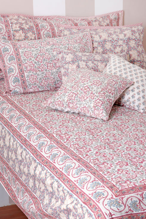 20s Cotton Cushion Cover In Carnelian Pink And Powder Blue Floral Block Print