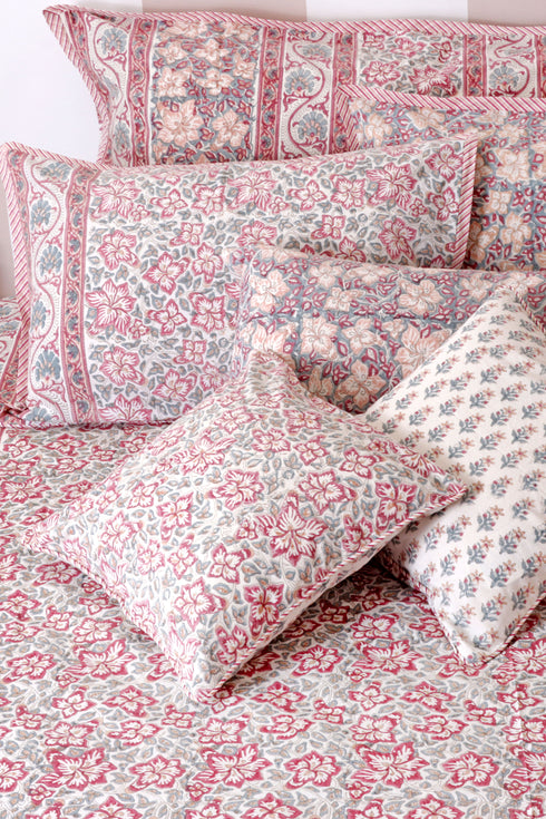 20s Cotton Cushion Cover In Carnelian Pink And Powder Blue Floral Block Print