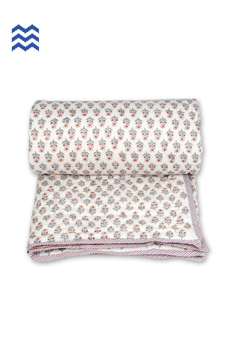 Mulmul Cotton Quilt In Carnelian Pink And Powder Blue Floral Print