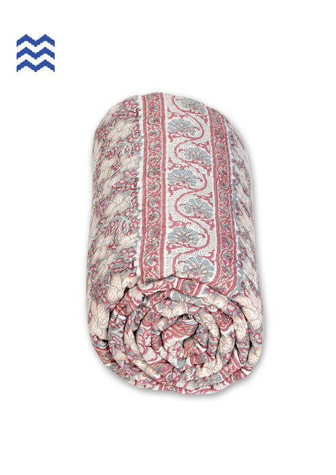 Mulmul Cotton Quilt In Carnelian Pink And Powder Blue Floral Print