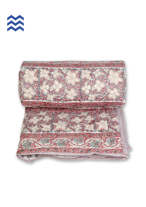 Mulmul Cotton Quilt In Carnelian Pink And Powder Blue Floral Print