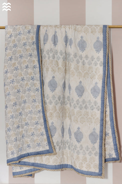 Mulmul Cotton Quilt In Floral Block Print