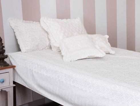 20s Cotton Cushion Cover With FrillsIn Ivory Block Print