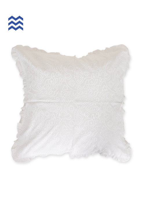 20s Cotton Cushion Cover With Frills In Ivory Block Print
